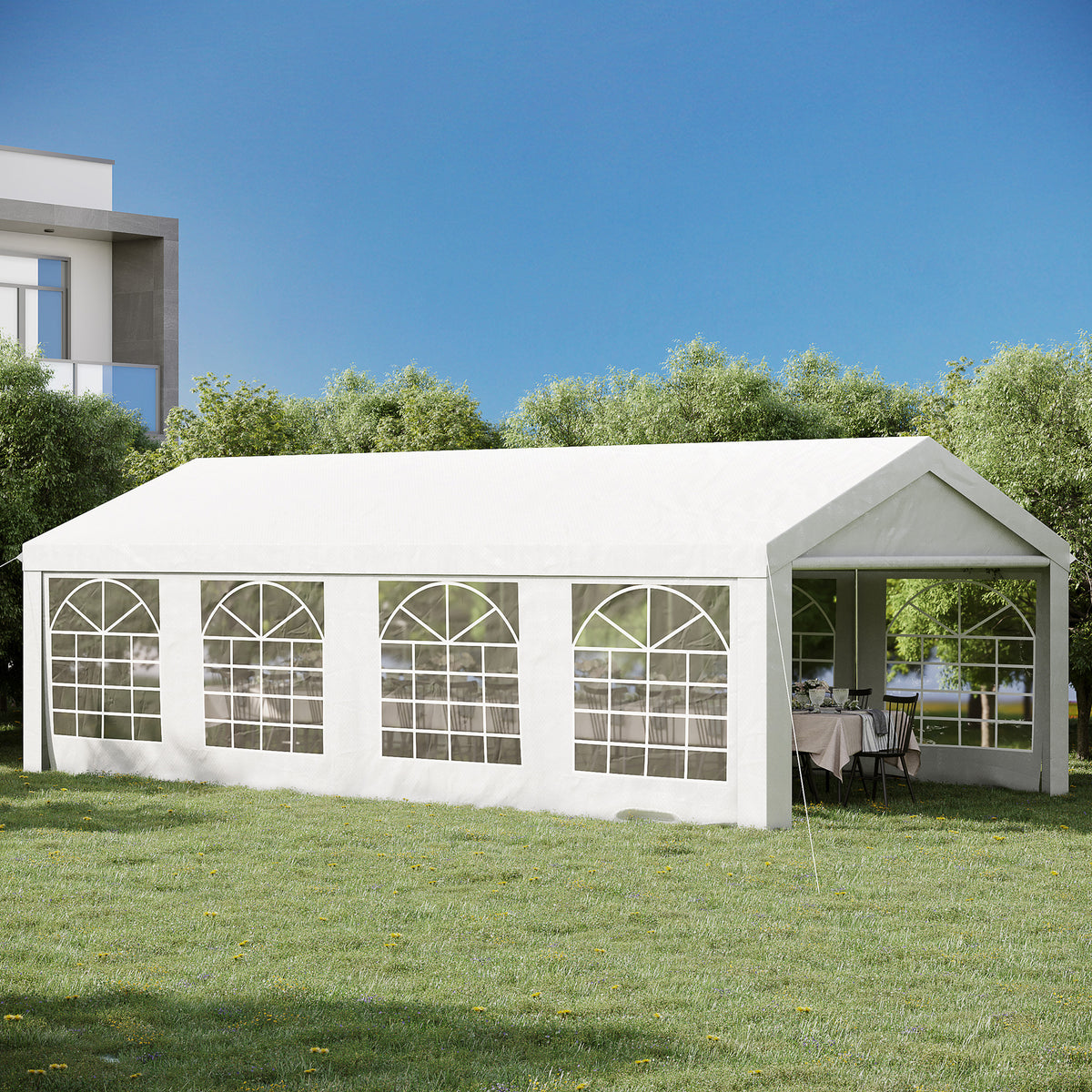 Tente Tonnelle de Réception Jardin Chapiteau PE Imperméable Tube Acier 7.98L x 3.92l x 2.8Hm Blanc Neuf 14