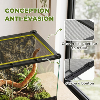 Boîte à Reptiles avec Panneau de Fond, Fermeture Sécurisée Par Rotation, Ventilation Frontale, 50x30x35cm, Noir