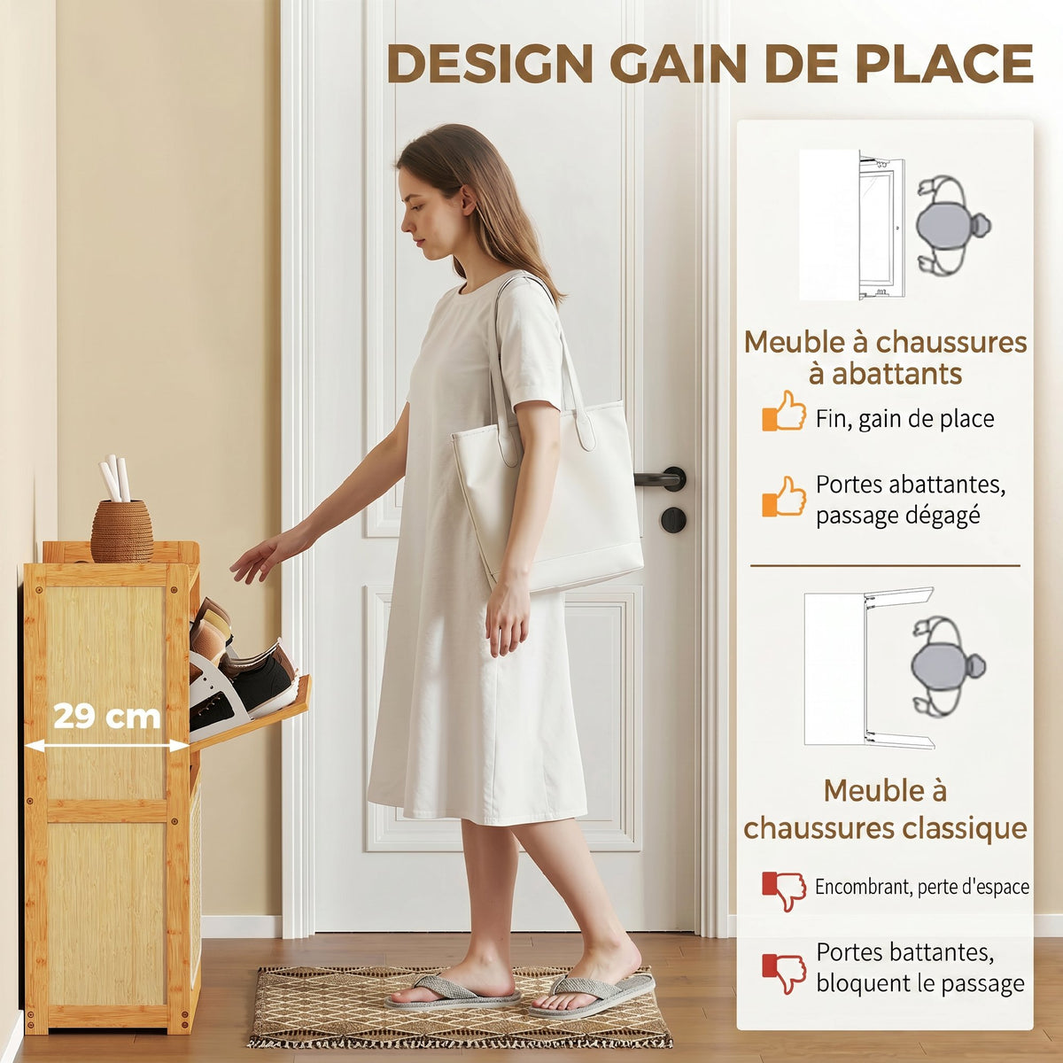 Meuble à chaussures 14 paires, armoire à chaussures 2 tiroirs rabattables, étagères réglables, 69x29x83cm, bois naturel