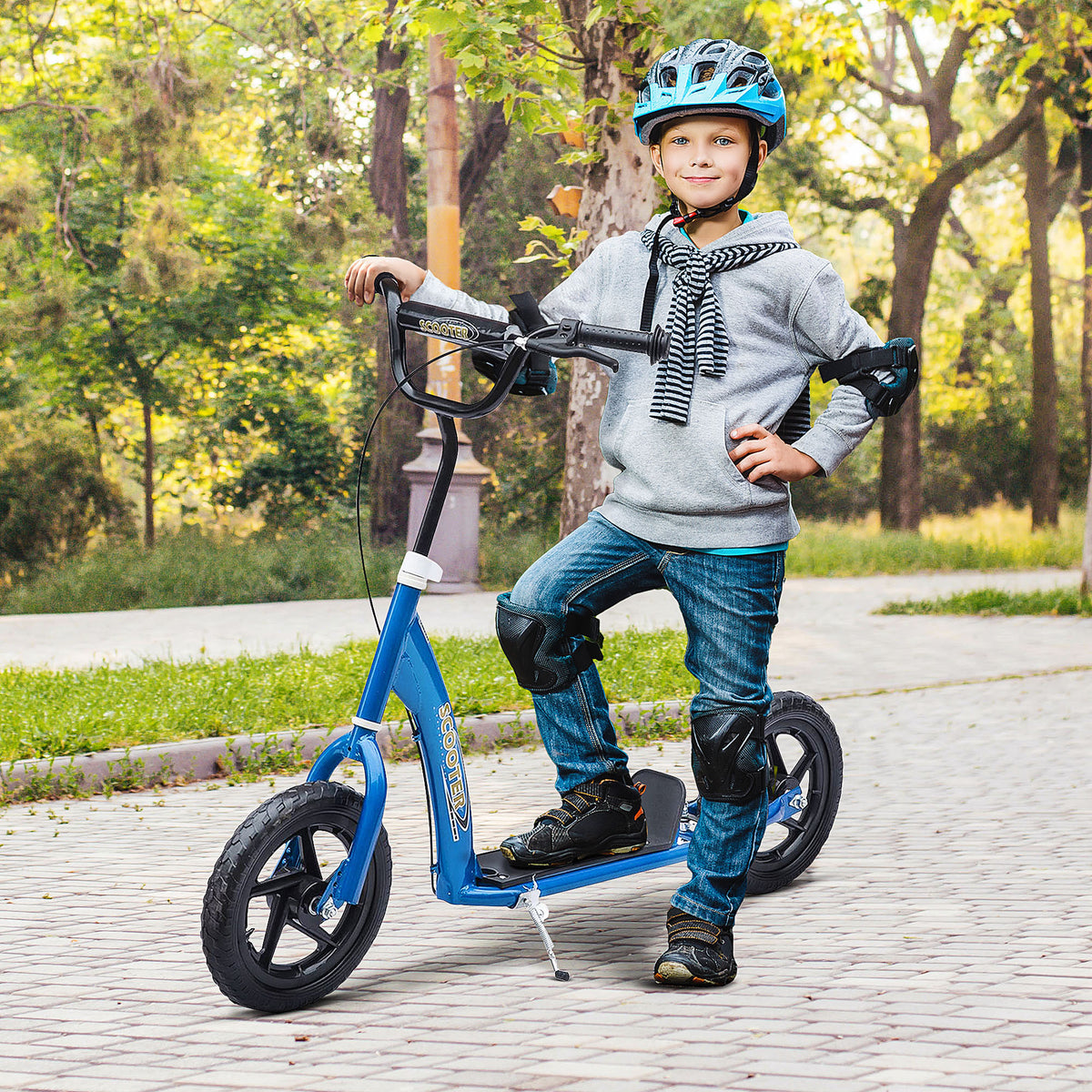 Trottinette enfant patinette pneus 30 cm Hauteur Guidon réglable poignée Frein et béquille Acier pour enfants à partir de 5 ans Bleu