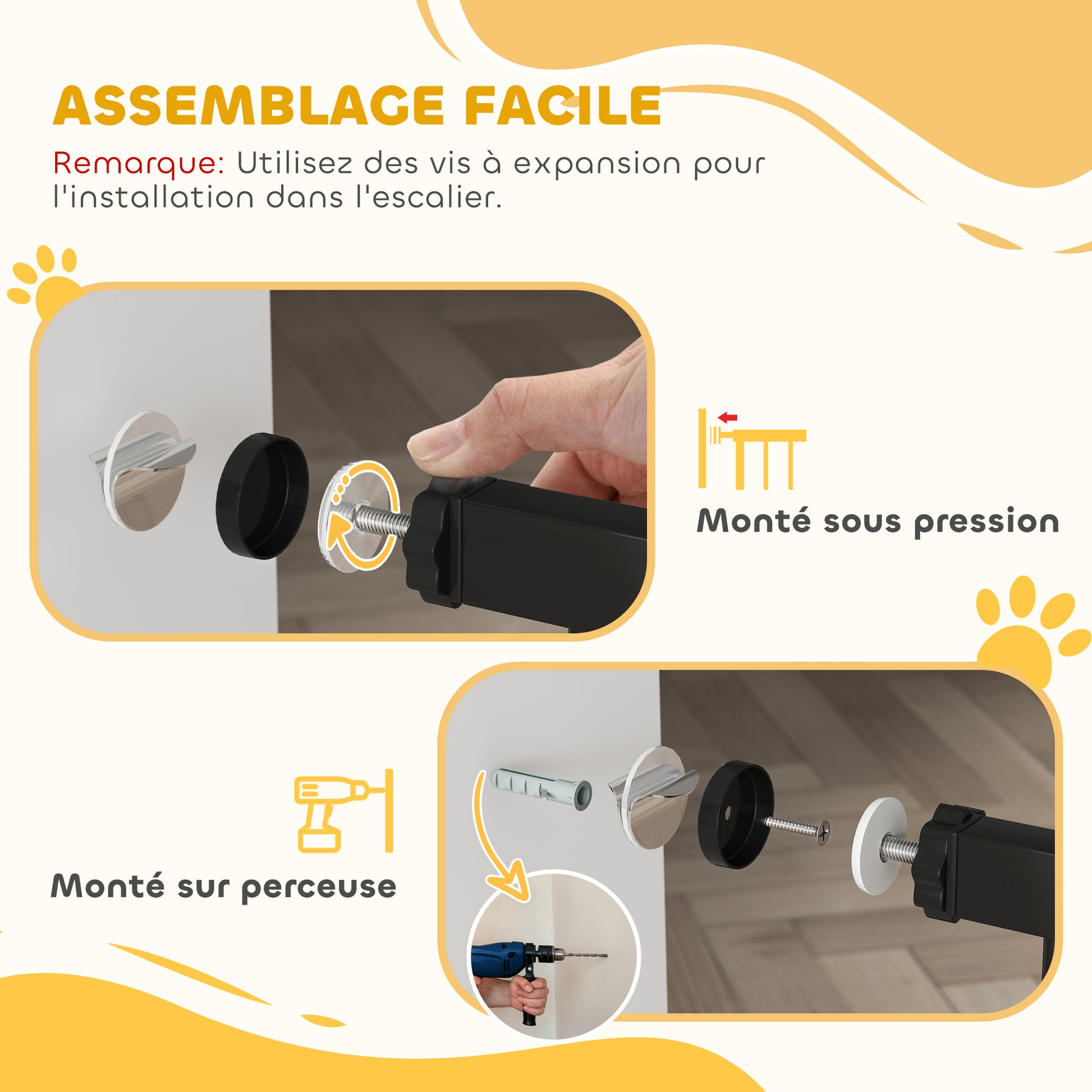 Barrière de sécurité barrière pour animal domestique longueur réglable sans perçage en acier et ABS 75-95 x 76 cm noir