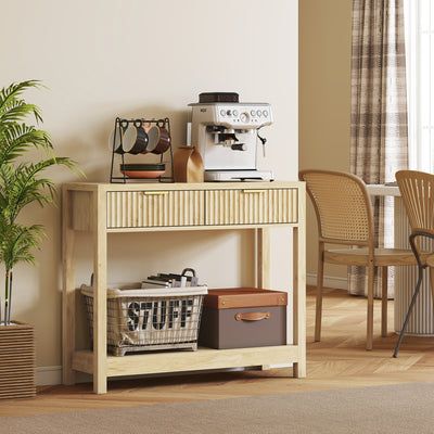 Console meuble 90 cm, table console étroite avec 2 tiroirs rainurés et étagère, style moderne, bois naturel