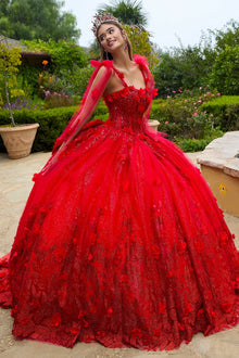 3d flower applique embellished tie shoulder strap dress with detachable back bow GLGL3529