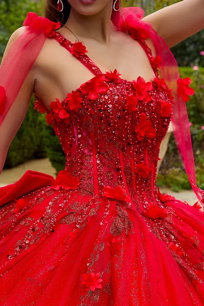 3d flower applique embellished tie shoulder strap dress with detachable back bow GLGL3529