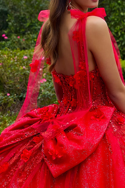 3d flower applique embellished tie shoulder strap dress with detachable back bow GLGL3529