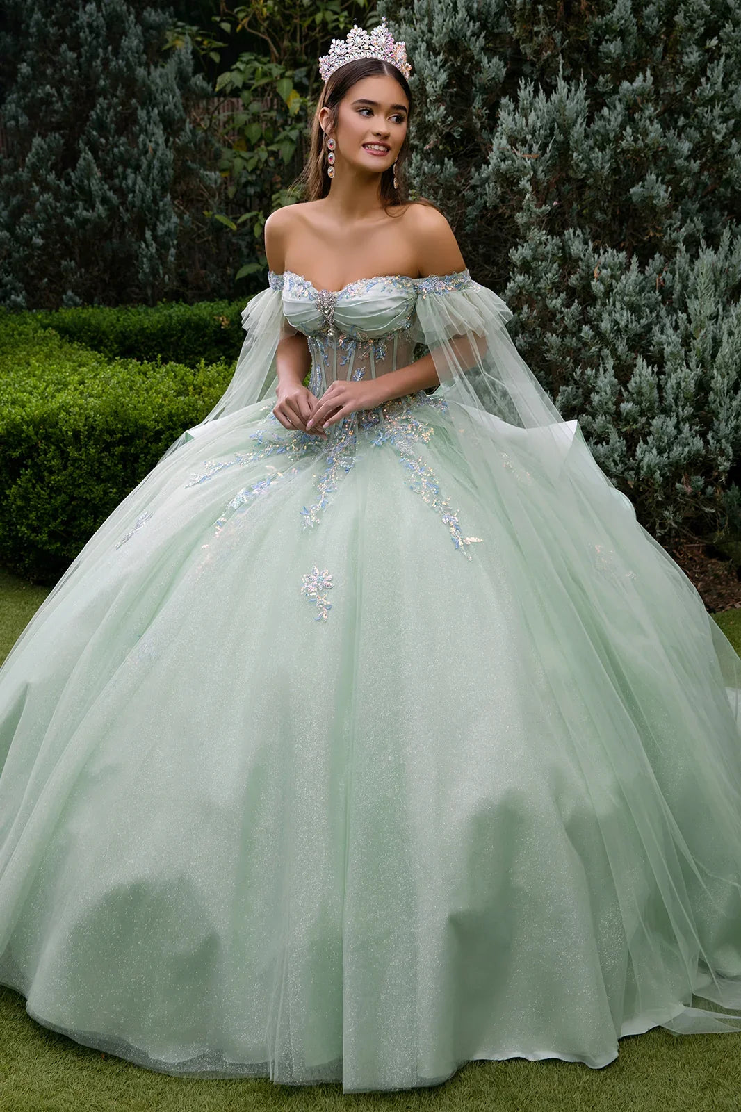 Cape sleeve embellished dress with back ruffle and detachable back bow GLGL3550
