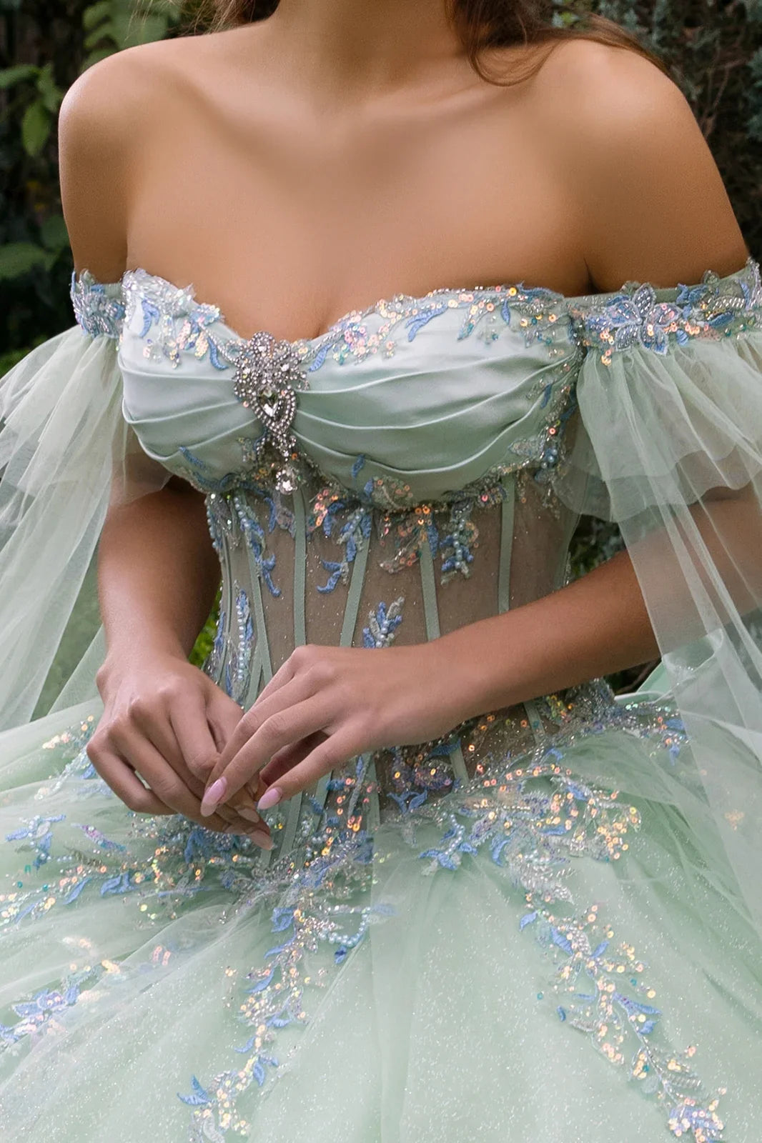 Cape sleeve embellished dress with back ruffle and detachable back bow GLGL3550