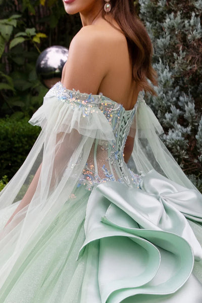 Cape sleeve embellished dress with back ruffle and detachable back bow GLGL3550