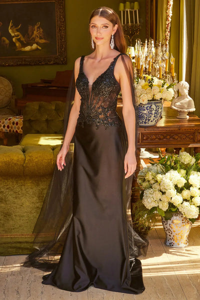 Embellished scallop edge lace up back lace bodice satin skirt dress with watteau train GLGL3615
