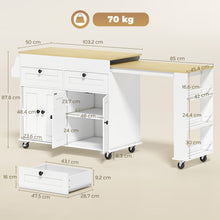 îlot central cuisine avec plateau extensible, desserte de cuisine sur roulettes avec 2 tiroirs, 4 portes, blanc