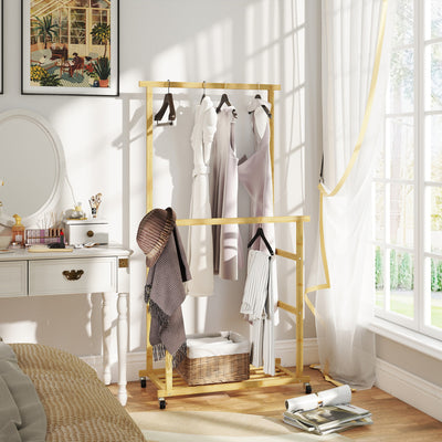 Portant à vêtements à roulettes, porte-manteau double barre en bambou avec étagère inférieure, 80x40x160cm, bois naturel
