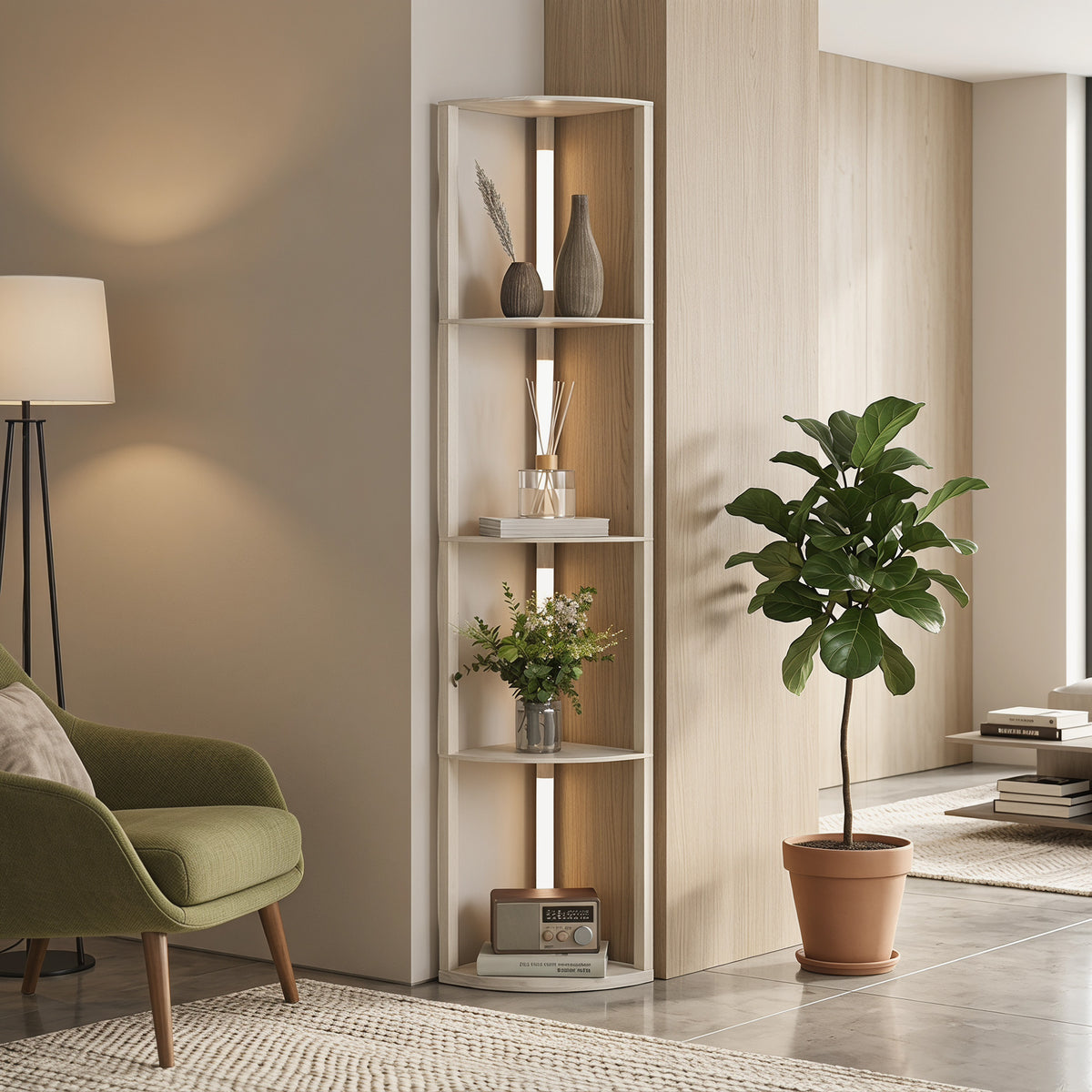 Lampadaire sur Pied Salon, Lampadaire avec Étagères d'Angle à 4 Niveaux, Lampe LED Dimmable, 41x29,5x163,5cm, Chêne Aosom