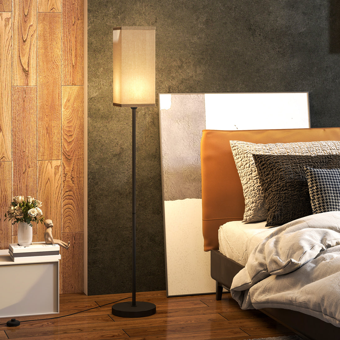 Lampadaire sur pied salon lampe salon sur pied avec abat-jour beige effet lin interrupteur à pied Ø 25 x 161,5 cm noir Aosom