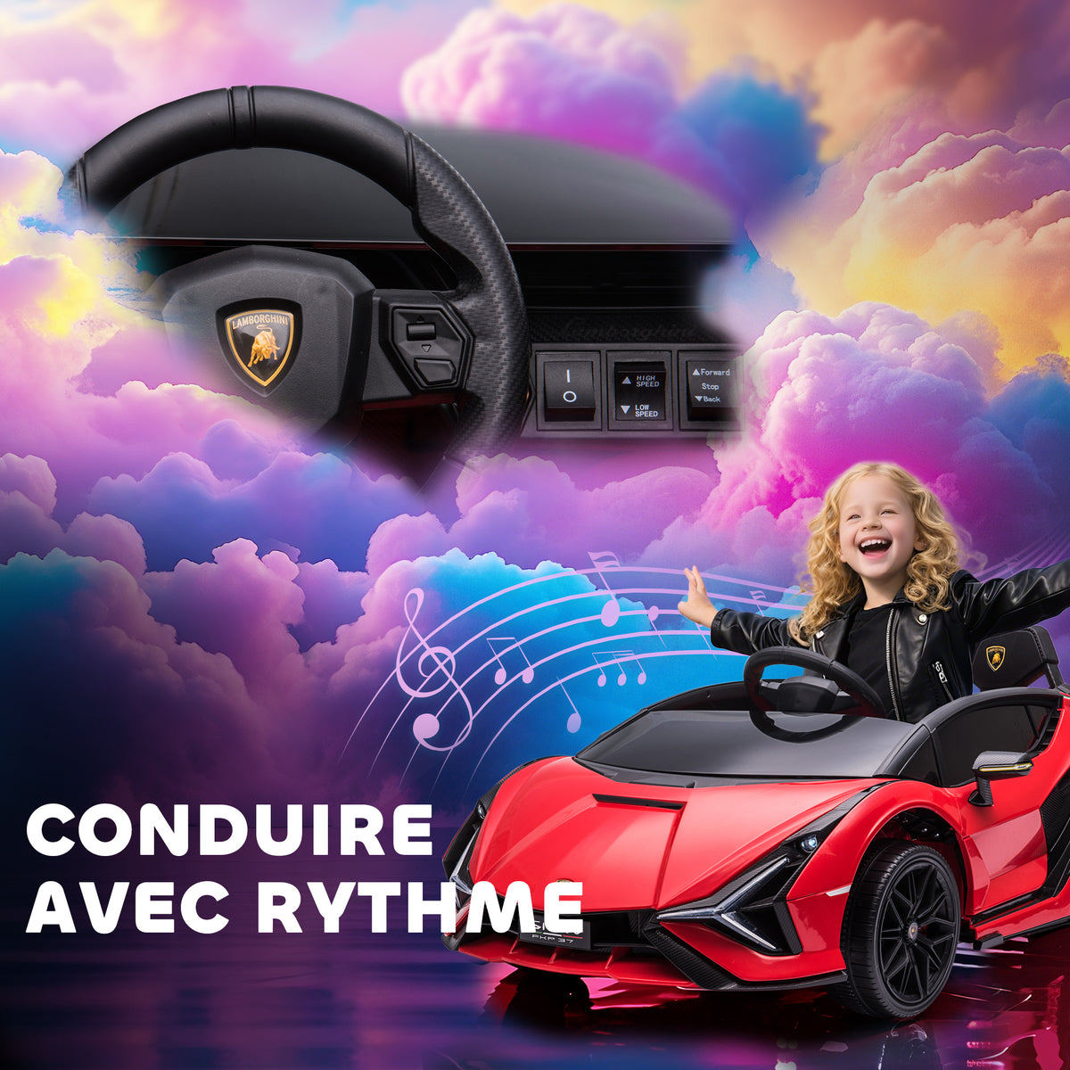 Voiture électrique Enfants de Sport Véhicule électrique Lamborghini Sian 12 V - V. Max. 5 Km/h avec Télécommande 2,4G Effets sonores + Lumineux Rouge