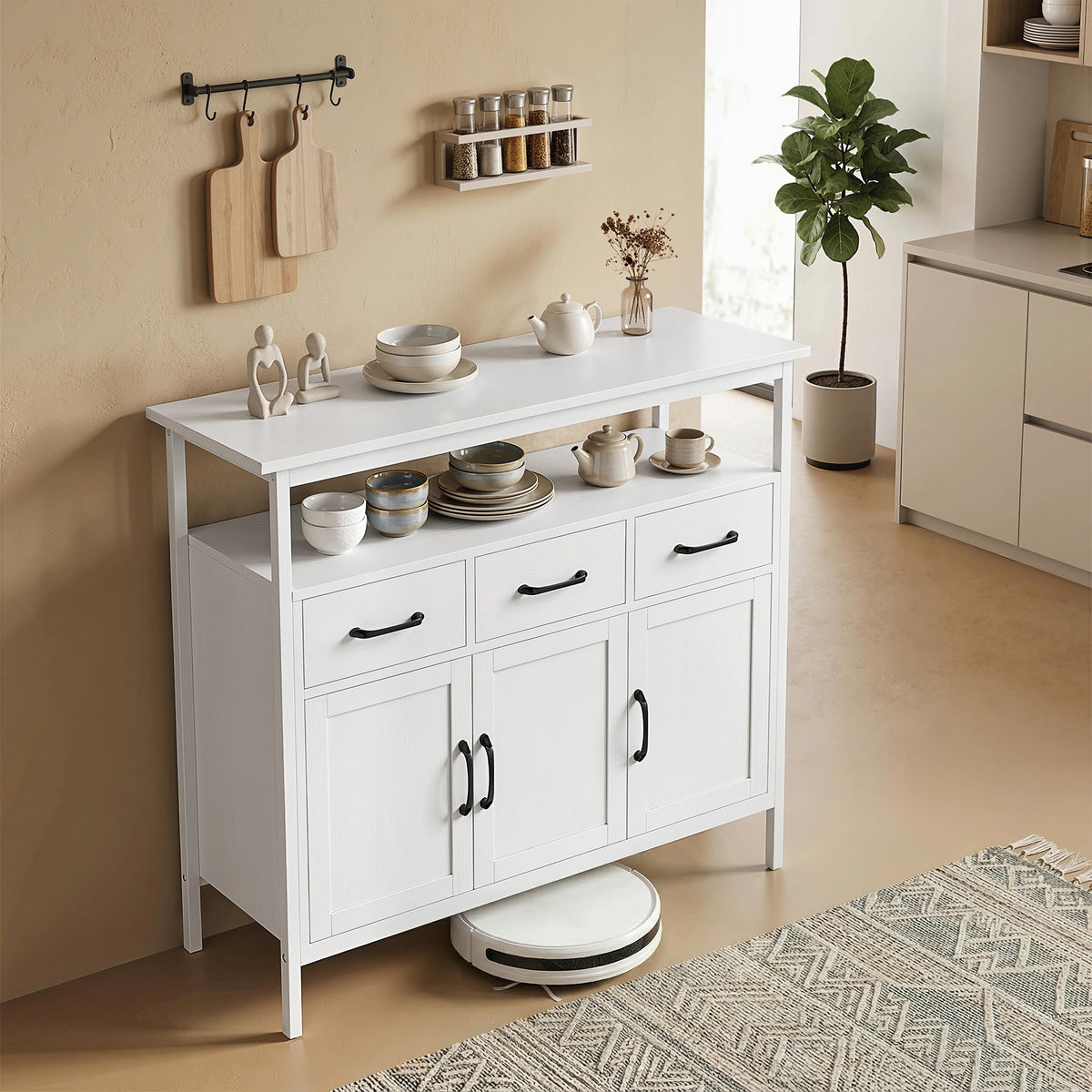 Buffet cuisine, meuble de rangement, 3 portes, 3 tiroirs, compartiment ouvert et étagères réglables, 95x35x88cm, blanc Aosom