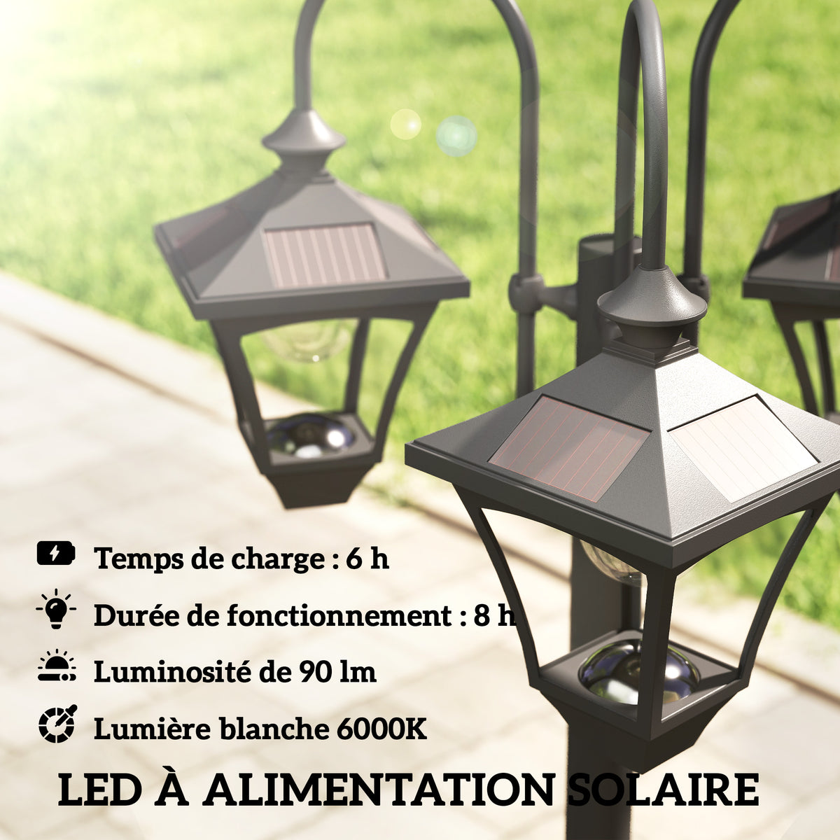Lampadaire Extérieur sur Pied à 3 Têtes avec Bac à Fleurs, Capteur Automatique Crépuscule à L'aube, 52x52x185cm, Noir