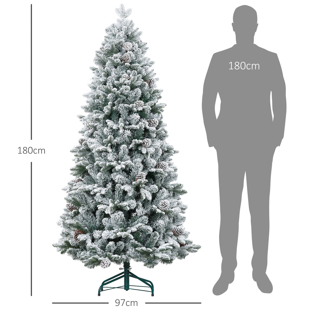 Sapin de Noël artificiel 180 cm Arbre de Noël avec support en métal 1489 branches enneigées, pommes de pin, vert