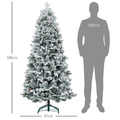Sapin de Noël artificiel 180 cm Arbre de Noël avec support en métal 1489 branches enneigées, pommes de pin, vert