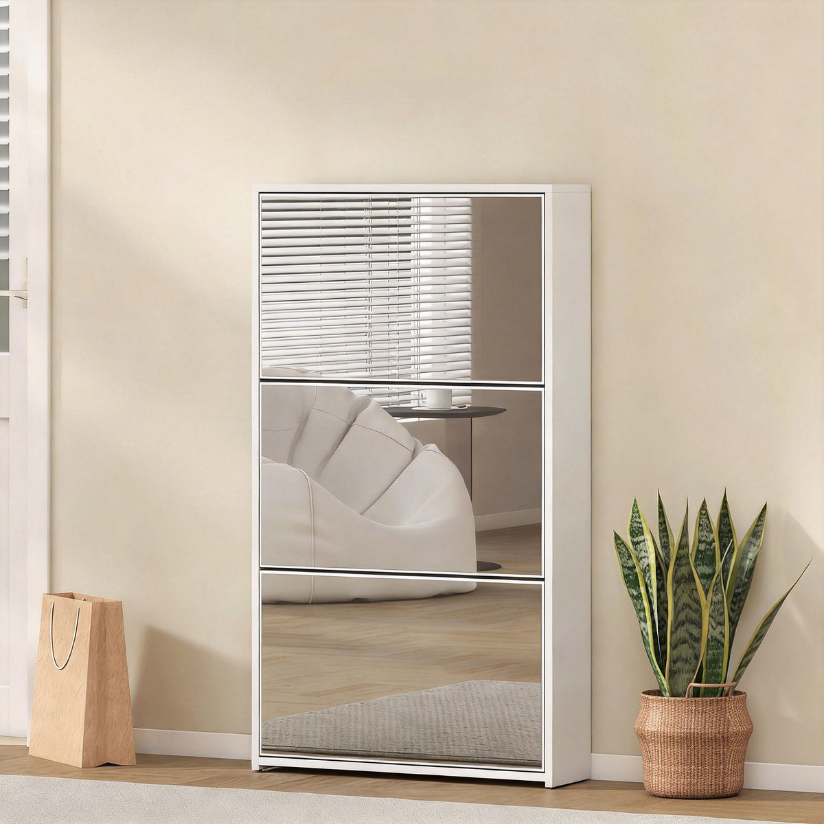 Meuble à chaussures 9 paires, armoire à chaussures étroite, 3 tiroirs rabattables et portes miroirs, 65x17x114,5cm blanc