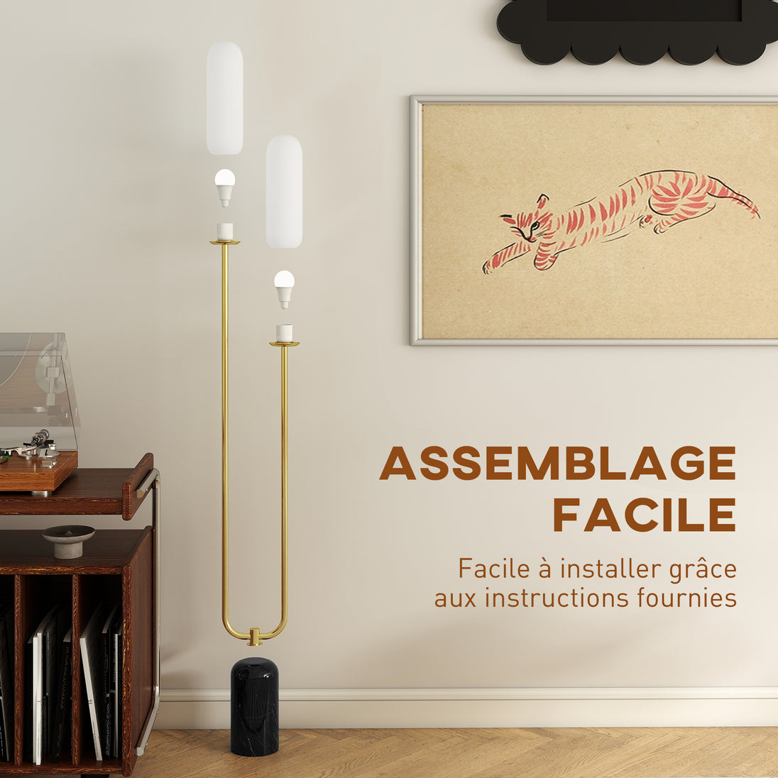 Lampadaire sur pied de salon lampe sur pied avec 2 abat-jours en verre, base en marbre et interrupteur à pied, blanc Aosom