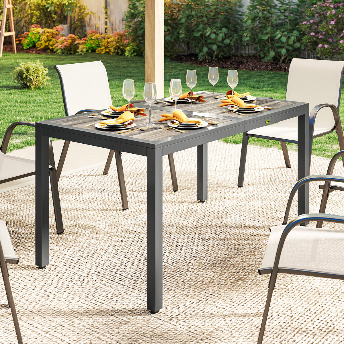 Table de jardin pour 4 à 6 personnes, table à manger extérieure avec plateau à effet bois, 140 x 80 x 72 cm, gris foncé