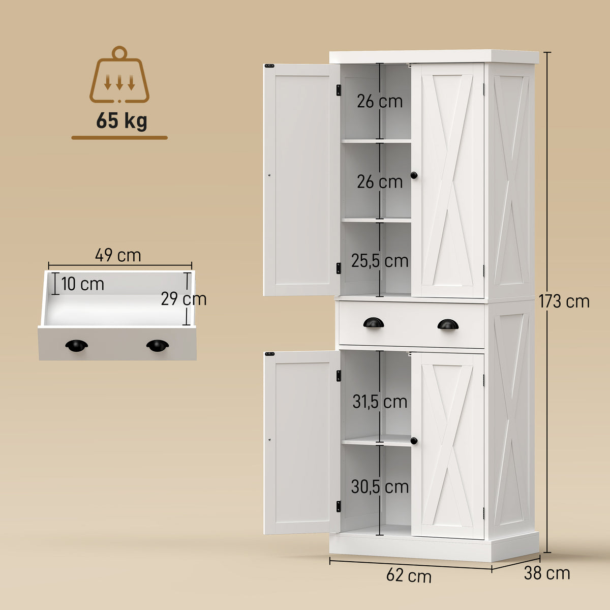 Buffet Haut Cuisine, Armoire de Cuisine avec 4 Portes, Tiroir et Étagères Réglables, Style Rustique, 62x38x173cm, Blanc