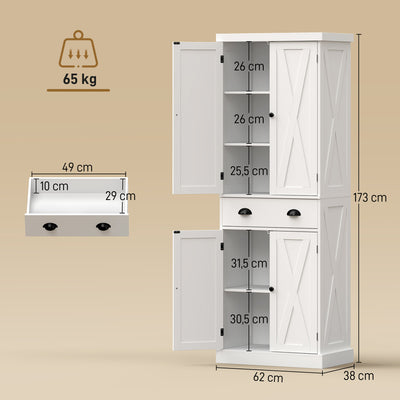 Buffet Haut Cuisine, Armoire de Cuisine avec 4 Portes, Tiroir et Étagères Réglables, Style Rustique, 62x38x173cm, Blanc