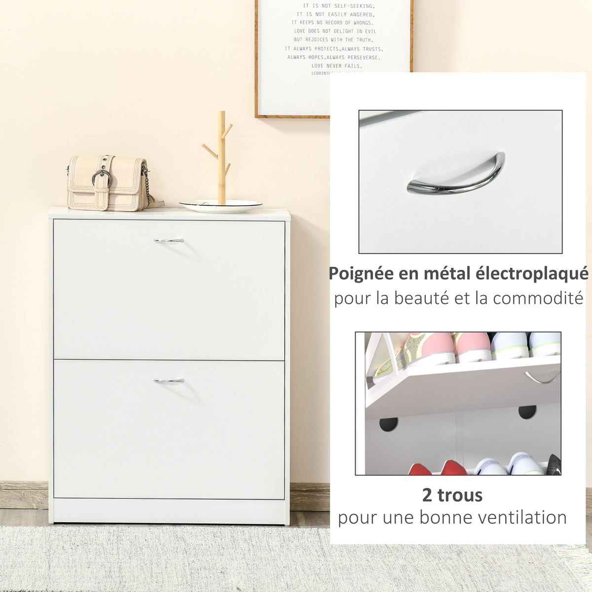 Armoire à Chaussures Meuble à Chaussures dim. 60L x 24l x 80H cm 2 Portes abattantes Blanc