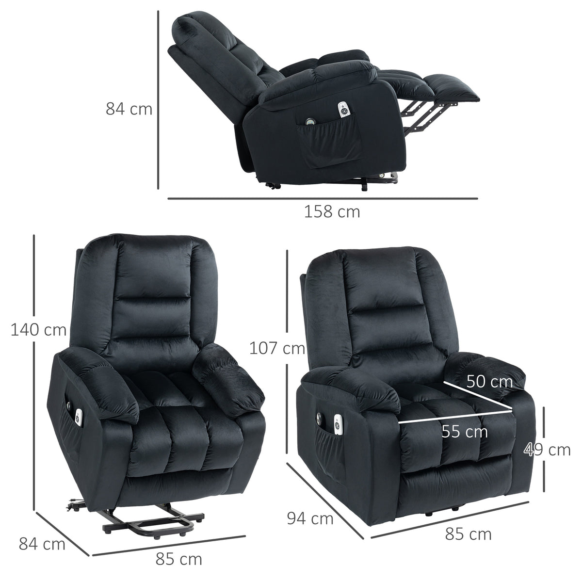 Fauteuil releveur électrique fauteuil de relaxation inclinable 8 points de massage vibrants 85 x 94 x 107 cm noir