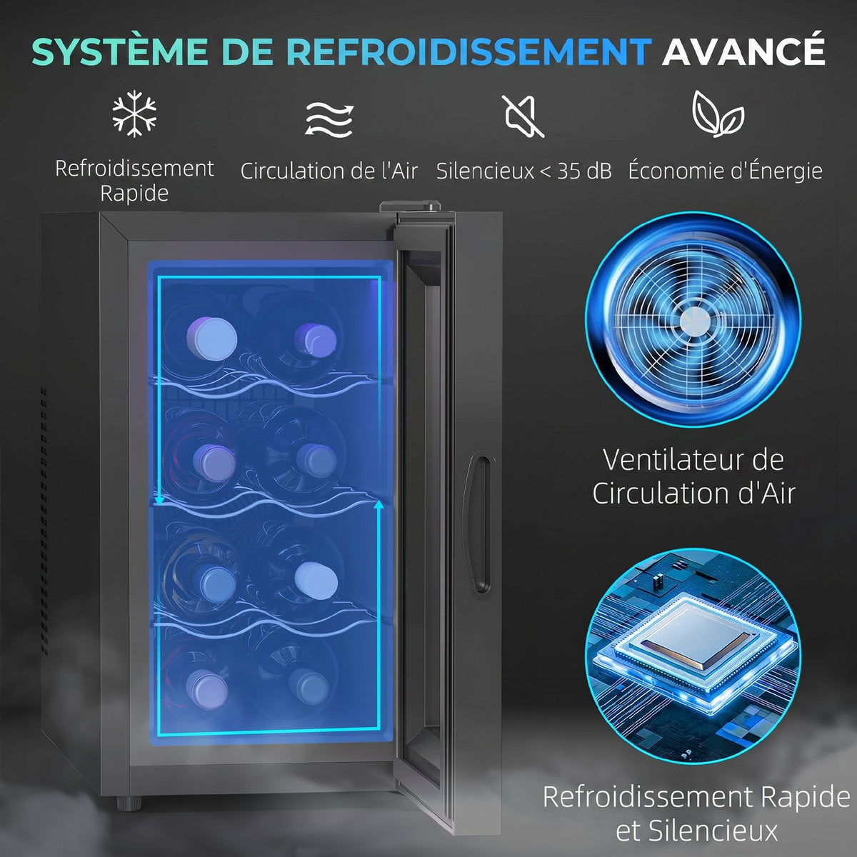 Cave à vin 8 bouteilles 21L, réfrigérateur à vin et boissons avec température réglable 8-18°C, porte en verre, noir