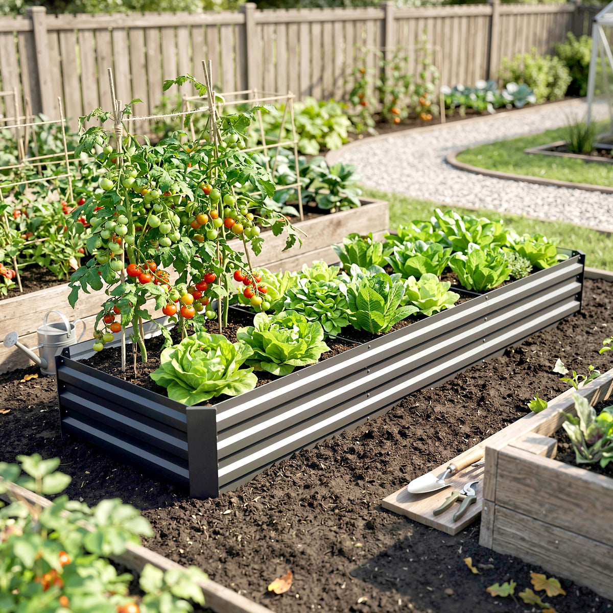 Carré potager rectangulaire, lit de jardin surélevé en acier galvanisé, fond ouvert, 240 x 60 x 30 cm, gris foncé