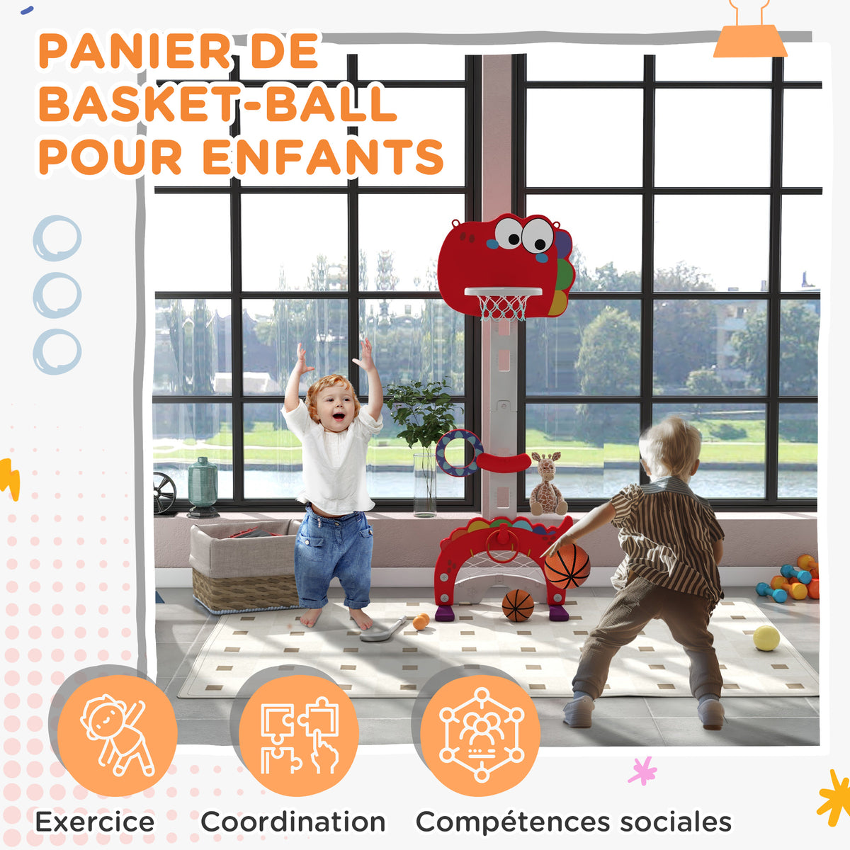 Panier de basket-ball pour enfants, hauteur réglable, 5 en 1 lancer de balles, golf, football jeu de lasso, 3-6 ans