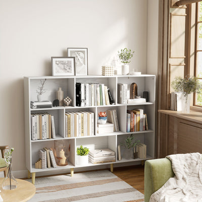 Bibliothèque à 3 Niveaux avec 10 Compartiments, Étagère de Rangement avec Pieds en Bois Massif, Effet Bois Blanc