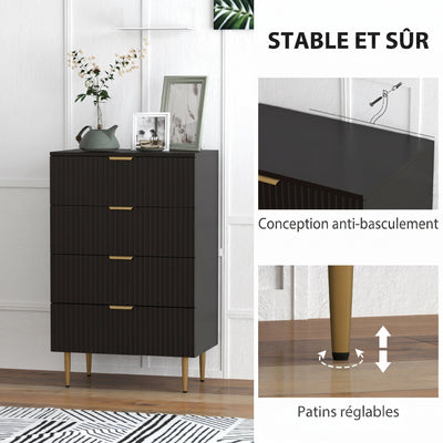 Commode 4 tiroirs commode chambre meuble de rangement moderne avec poignées et pieds dorés, dim. 60 x 40 x 96 cm, noir