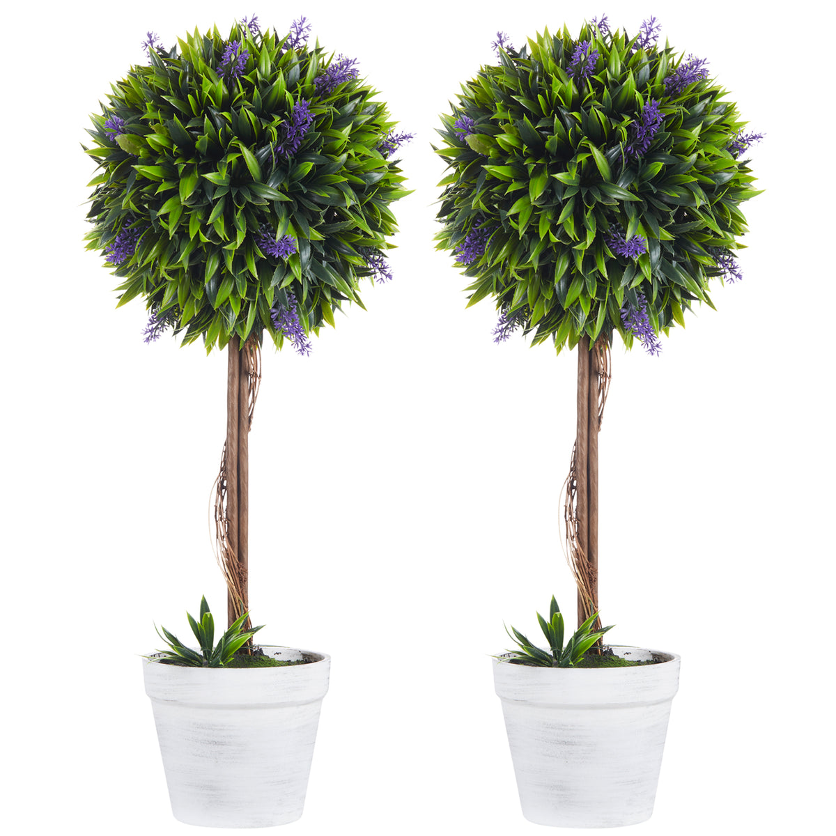 Lot de 2 plantes Artificielles avec fleurs de lavande, tronc et pot inclus - hauteur 60 cm vert