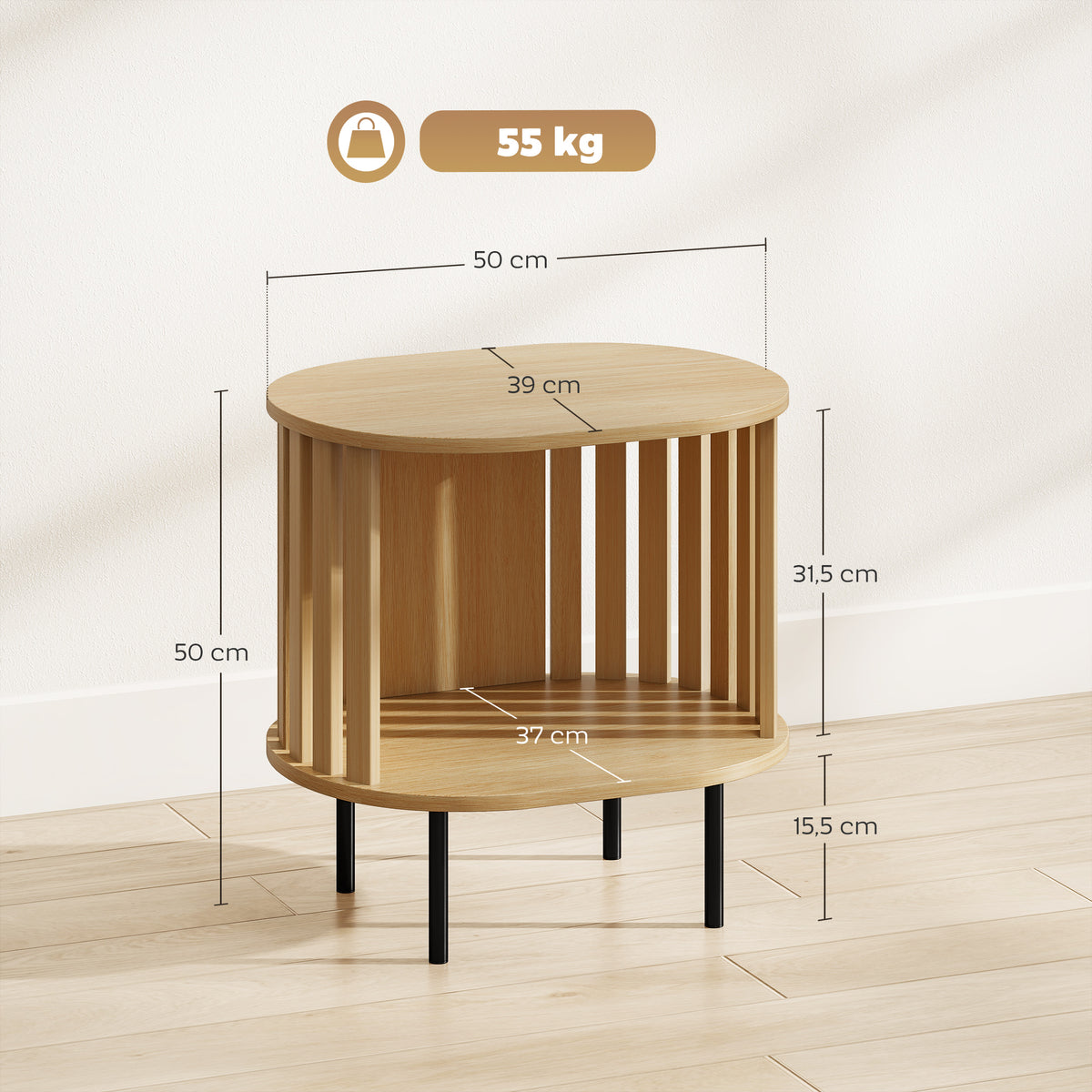 Table d'appoint ovale bout de canapé rangement ouvert pieds en acier design à lattes 50x39x50cm effet bois naturel