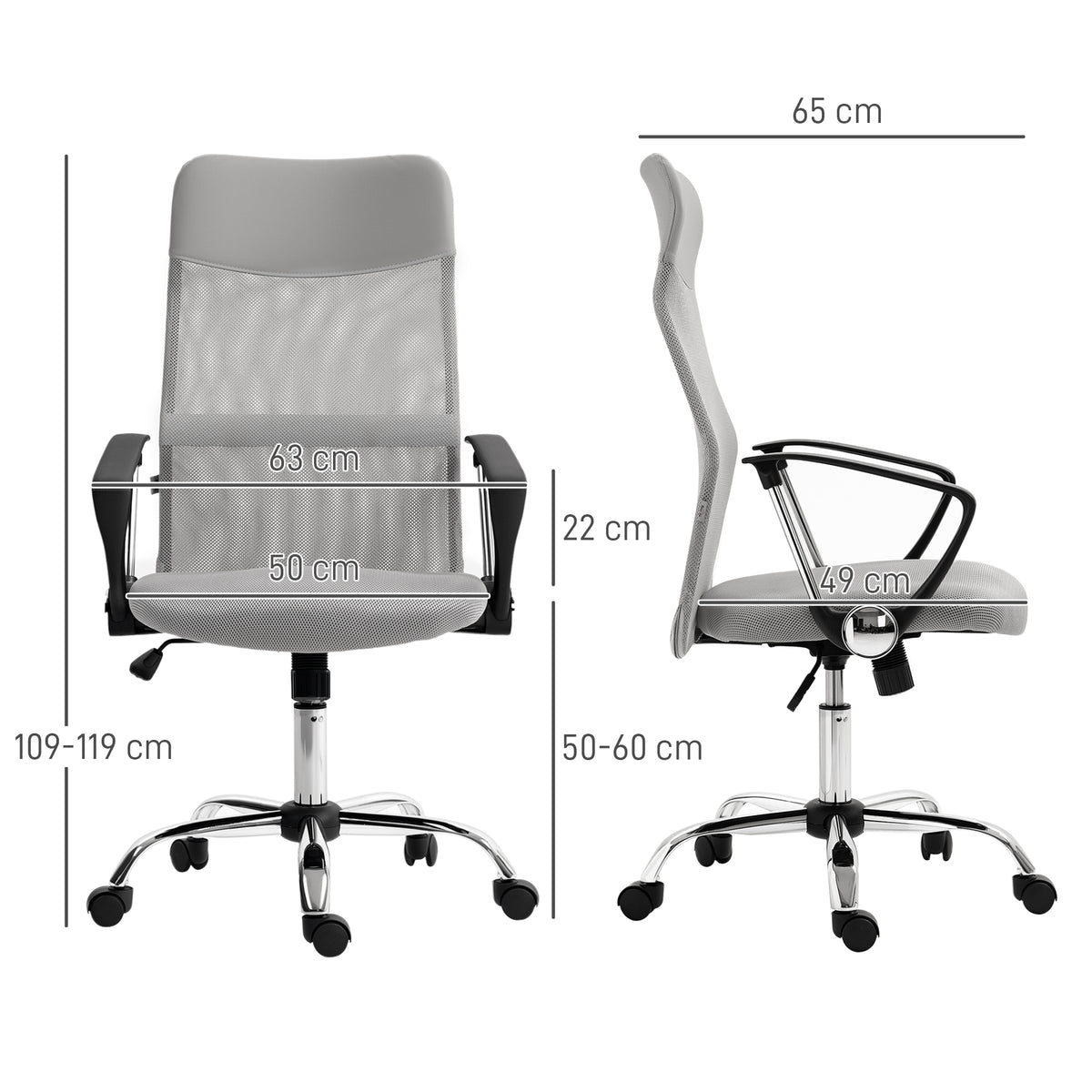 Fauteuil de bureau manager dossier ergonomique hauteur assise réglable pivotant tissu maille 63x65x119109-119cm gris