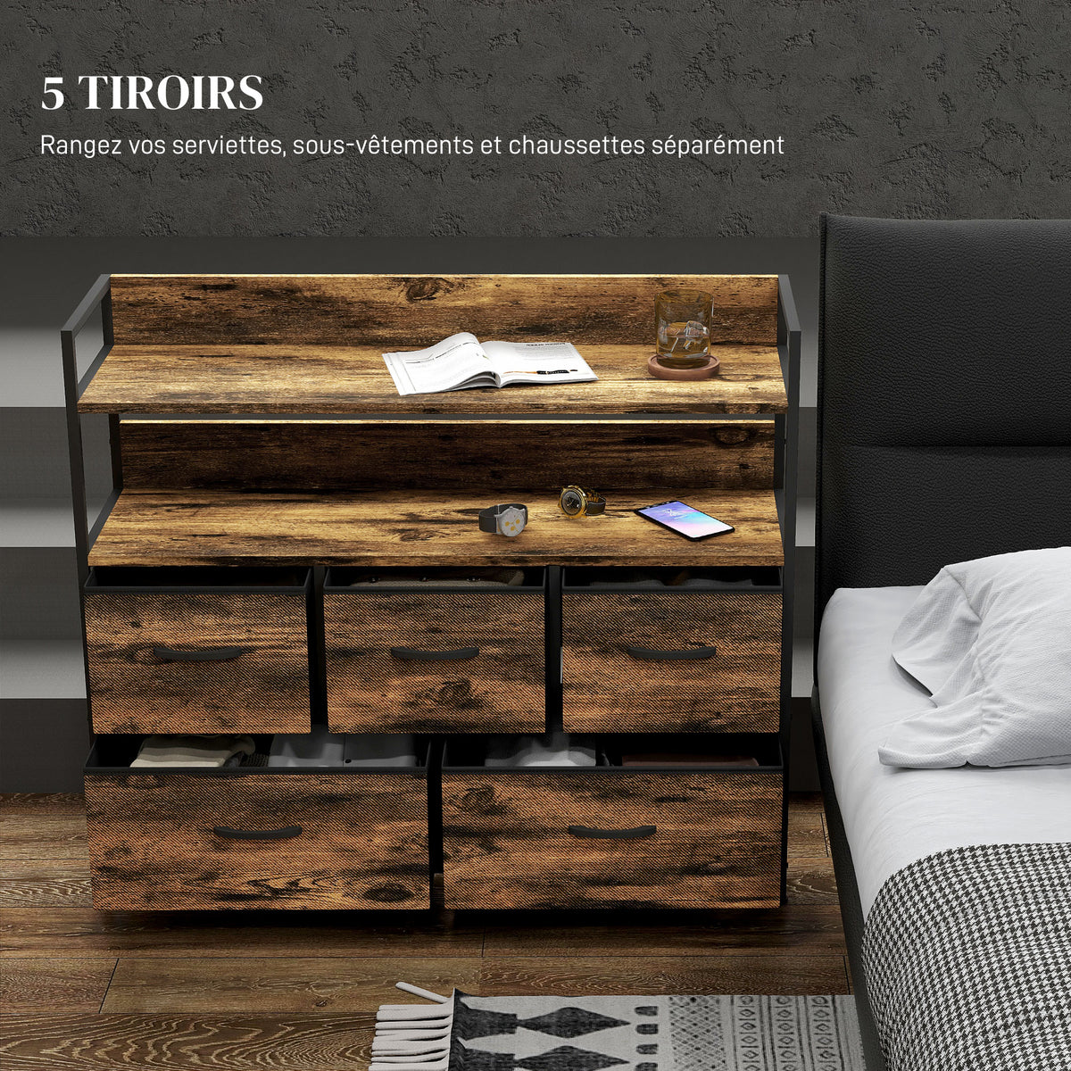 Commode, meuble de rangement, 5 tiroirs en tissu pliables et amovibles et étagères, 98 x 29 x 85 cm, brun rustique