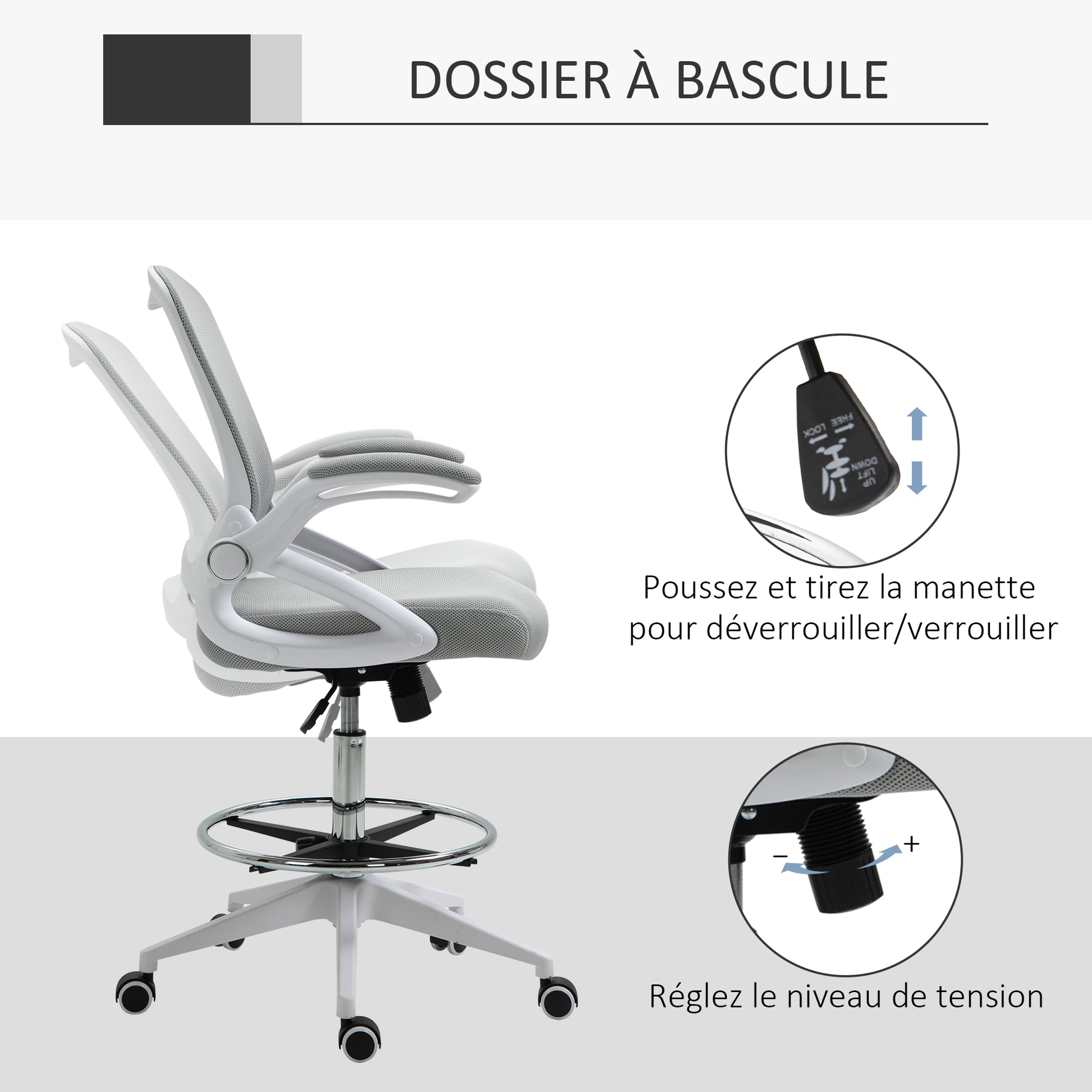 Fauteuil de bureau chaise de bureau assise debout hauteur réglable repose-pieds gris et blanc