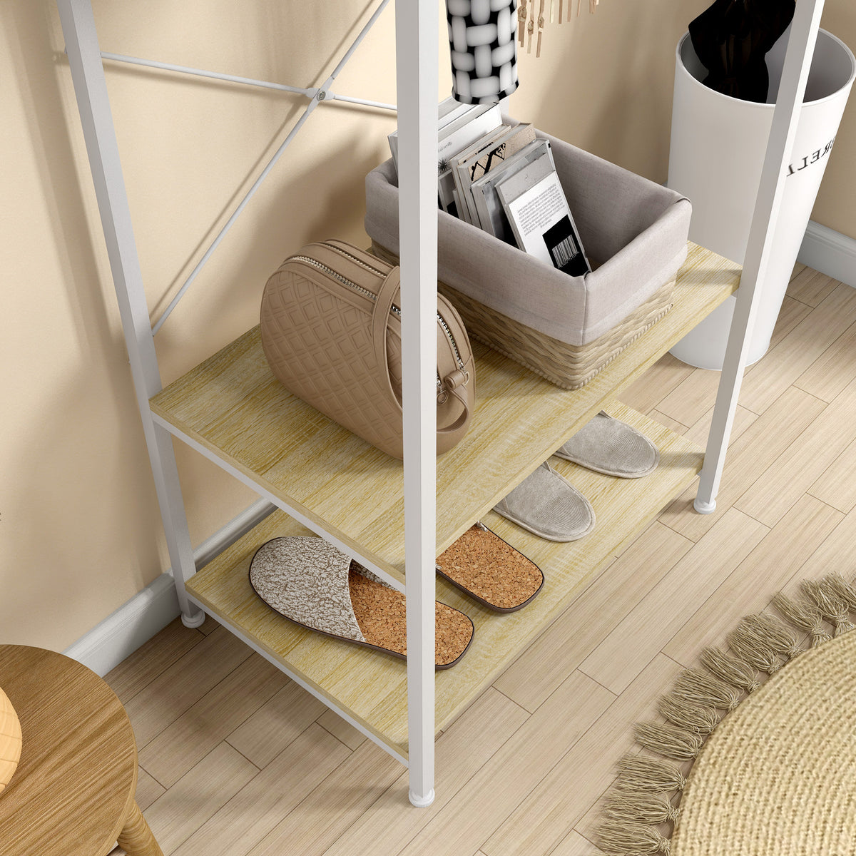 Porte-Manteaux avec tringle et 2 étagère à chaussures 60L x 40l x 167,5H cm Aspect bois Clair métal Blanc