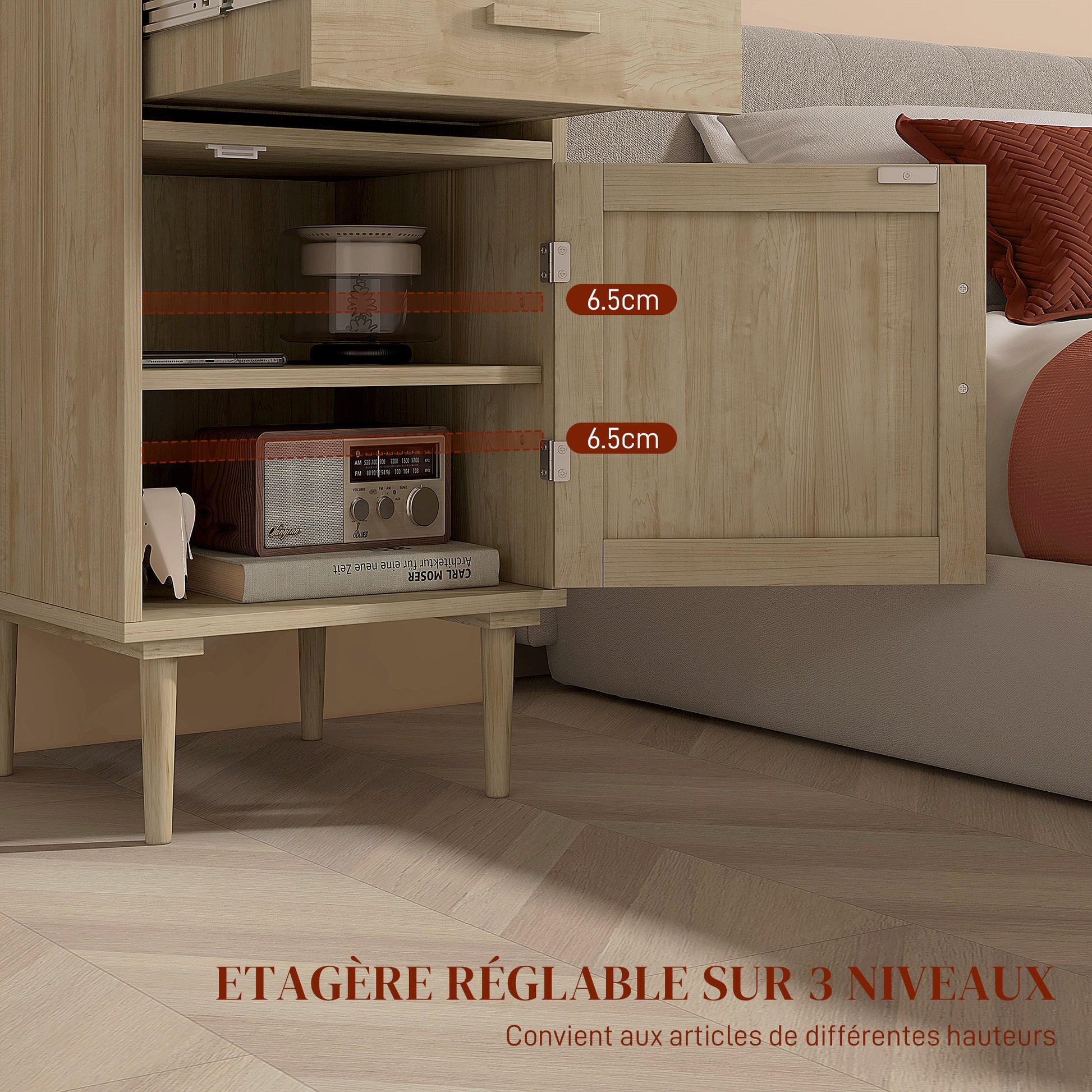 Lot de 2 tables de chevet avec placard et étagère porte rotin tissé 1 tiroir design bohème - 40 x 40 x 68,5 cm naturel