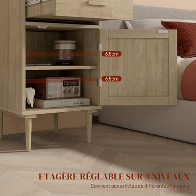 Lot de 2 tables de chevet avec placard et étagère porte rotin tissé 1 tiroir design bohème - 40 x 40 x 68,5 cm naturel