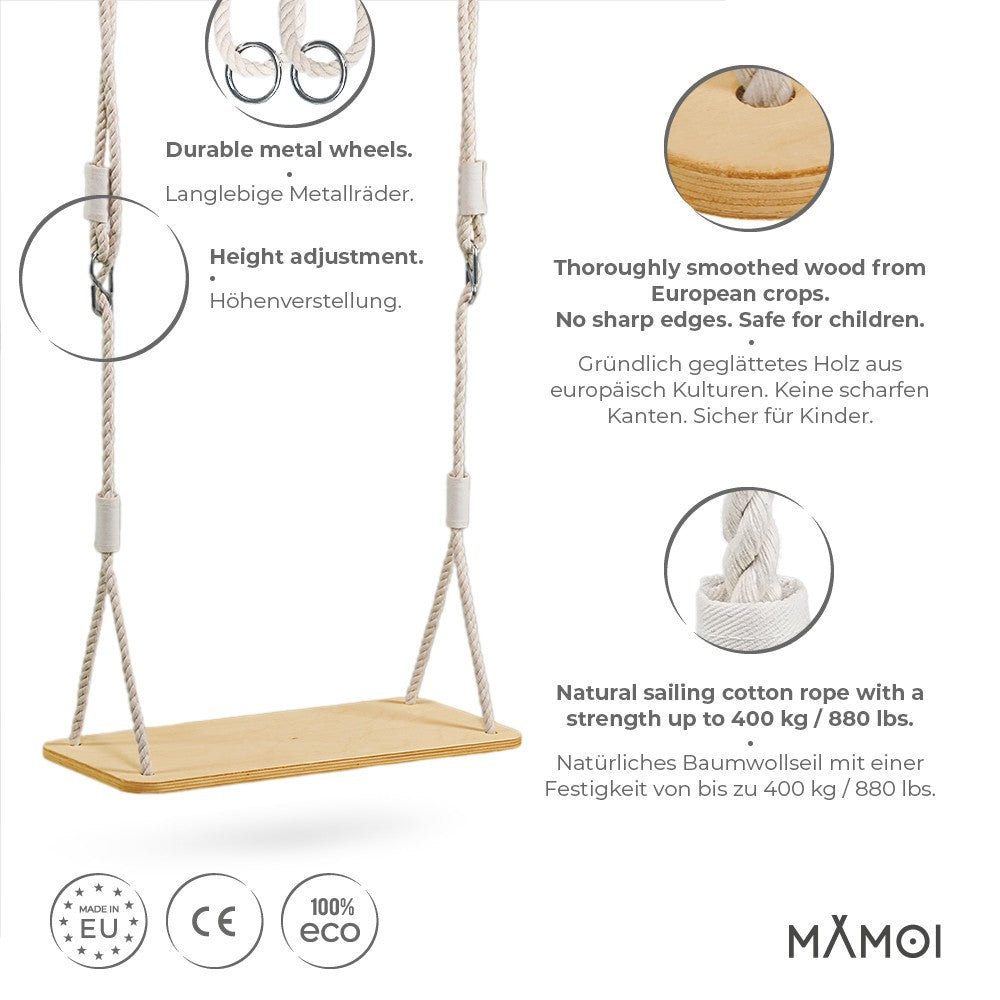 MAMOI® Babyschaukel, Holzschaukel, Schaukel Baby, Indoor Garten, Kinderschaukel, Kinder Holzschaukel, Schaukel aus Holz, Schaukel, Schaukelsitz Outdoor Babysitz Holz bis 100kg! | Made in EU ECO