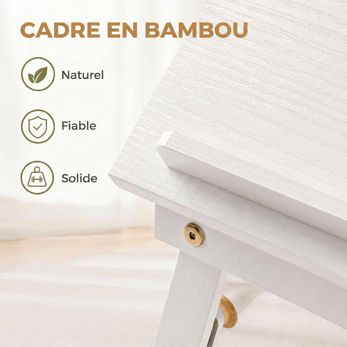 Table de lit pliable et réglable, plateau de lit pour ordinateur portable en bambou plateau inclinable 83,5x33x34cm blanc
