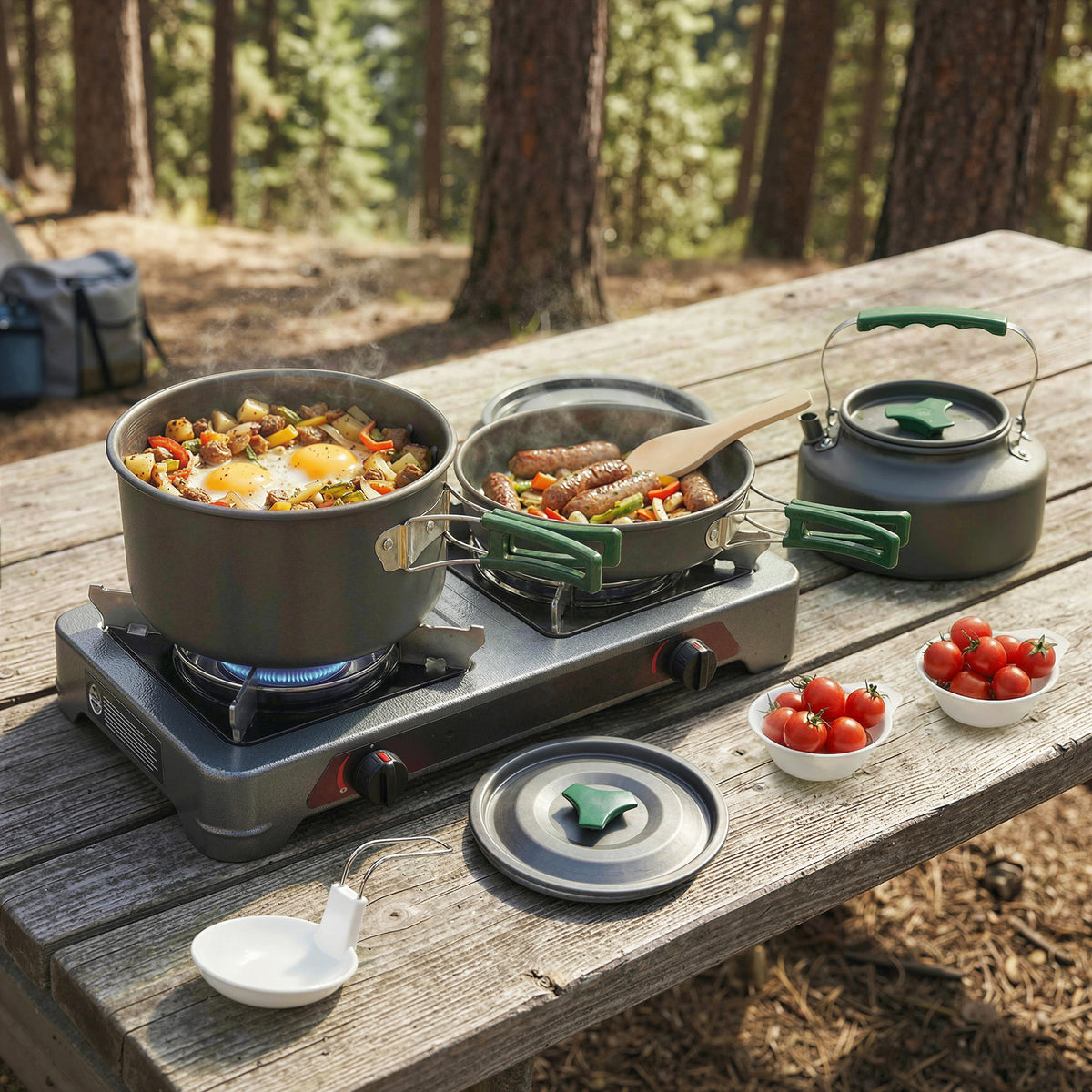 Kit de Casseroles Camping en Aluminium 11 Pcs, avec Sac de Rangement et Poignées Anti-Brûlures, Ø19x10cm, Gris