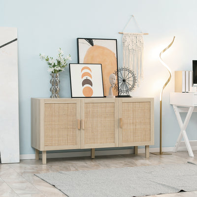 Buffet Meuble de Rangement Placard 3 Portes avec étagère réglable Effet cannage Style bohème - 136 x 41 x 70 cm