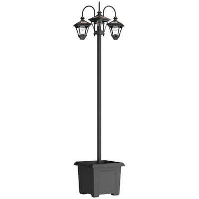 Lampadaire Extérieur sur Pied à 3 Têtes avec Bac à Fleurs, Capteur Automatique Crépuscule à L'aube, 52x52x185cm, Noir
