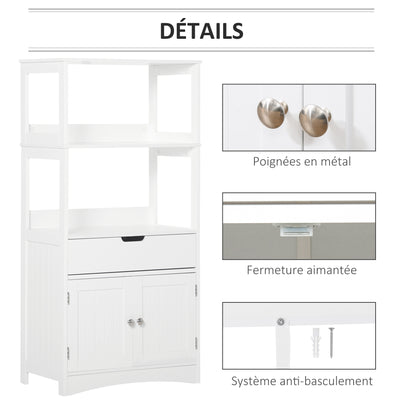 Meuble de Rangement Salle de Bain - 2 Portes, tiroir, 3 étagères - dim. 60L x 33l x 122H cm - MDF Blanc