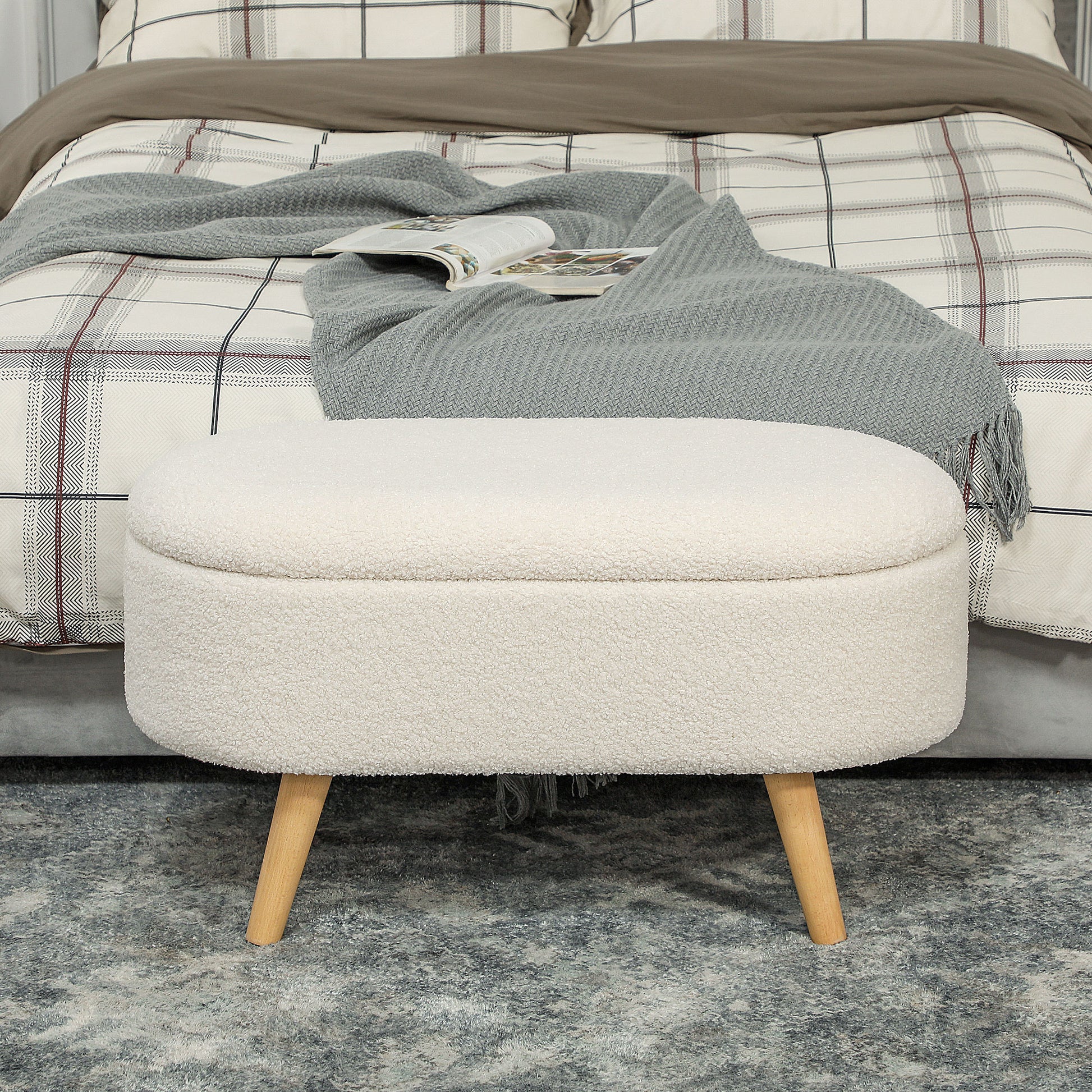 Banc de Rangement, Bout de Lit Rembourré en Peluche Teddy avec Couvercle et Pieds en Bois, 82 x 41 x 45 cm, Blanc