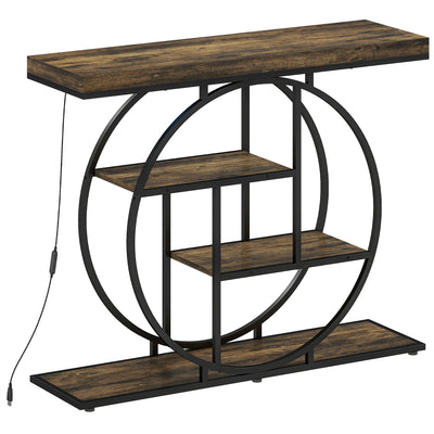 Console meuble avec éclairage LED 100 cm, table console à 4 niveaux avec étagères ouvertes, marron rustique et noir